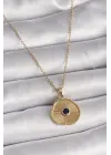  Altın  Zincir Siyah Zirkon Taş Madalyon Model  Çelik Kolye