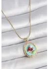 316L Çelik Gold Renk Zincir Turkuaz Mineli İncili Çiçek İşlemeli Portre Model Kadın Kolye