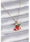  Altın  Zincir Yılbaşı Temalı Kırmızı Noel Çorabı Figür  Çelik Kolye