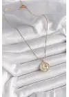  Altın  Zincir Zirkon Taş Detaylı Beyaz Sedefli Ay Yıldız Model  Çelik Kolye
