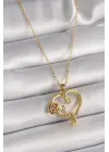  Altın  Zincir Zirkon Taş Detaylı Kalp Figür Gül Detay  Çelik Kolye