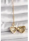  Altın  Zincir Zirkon Taşlı Açılır Kalp Model  Çelik Kolye
