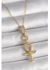  Altın  Zincir Zirkon Taşlı Ankh Model  Çelik Kolye