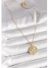 316L Çelik Gold Renk Zincir Zirkon Taşlı Ay Güneş İşlemeli Madalyon Model Kadın Kolye