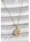316L Çelik Gold Renk Zincir Zirkon Taşlı Ay Yıldız Model Kadın Kolye
