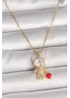 316L Çelik Gold Renk Zincir Zirkon Taşlı Ayıcık Model Kırmızı Kalp Detay Kadın Kolye