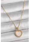  Altın  Zincir Zirkon Taşlı Beyaz Mineli Kalp Model  Çelik Kolye