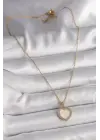  Altın  Zincir Zirkon Taşlı Beyaz Mineli Kalp Model  Çelik Kolye