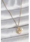 316L Çelik Gold Renk Zincir Zirkon Taşlı Deniz Kabuğu Model İnci Detay Kadın Kolye