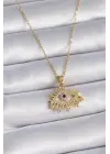  Altın  Zincir Zirkon Taşlı Göz Figür  Çelik Kolye