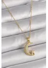  Altın  Zincir Zirkon Taşlı Hilal Model Yıldız Detay  Çelik Kolye