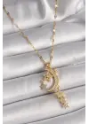  Altın  Zincir Zirkon Taşlı Hilal Yıldız Figür Sallantı Detay  Çelik Kolye
