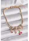 316L Çelik Gold Renk Zincir Zirkon Taşlı Kiraz Model Charm Bileklik