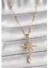  Altın  Zincir Zirkon Taşlı Kuzey Yıldızı Sallantı Taş Detay  Çelik Kolye