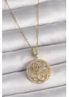  Altın  Zincir Zirkon Taşlı Lotus Model  Çelik Kolye
