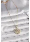  Altın  Zincir Zirkon Taşlı Lotus Model  Çelik Kolye