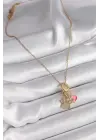  Altın  Zincir Zirkon Taşlı Pati Figür Kalp Detay  Çelik Kolye