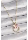  Altın  Zincir Zirkon Taşlı Pembe Mineli Kelebek Model  Çelik Kolye