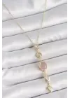 316L Çelik Gold Renk Zincir Zirkon Taşlı Pembe Mineli Y Model Dekolta Kadın Kolye