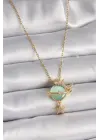  Altın  Zincir Zirkon Taşlı Yeşil Mineli Ay Yıldız Model  Çelik Kolye