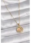  Altın  Zirkon Taşlı Bej Sedefli Hilal Model  Çelik Kolye