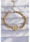 316L Çelik Gold Renk Zirkon Taşlı Çiçek Tasarımlı Zincir Bileklik