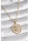  Altın  Zirkon Taşlı Güneş Madalyon Model  Çelik Kolye