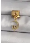 316L Çelik Gold Renk Zirkon Taşlı Hilal Model Kedi Detay Nomination Charm