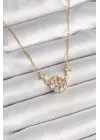 316L Çelik Gold Renk Zirkon Taşlı Hilal Pembe Kalp Model Kadın Kolye