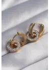   Altın Zirkon Taşlı İç İçe Geçmeli Oval Küpe