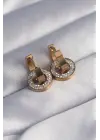   Altın Zirkon Taşlı İç İçe Geçmeli Oval Küpe