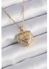  Altın  Zirkon Taşlı Kalp Model Vintage  Çelik Kolye