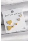   Altın Zirkon Taşlı Kalpli Çelik Küpe Seti