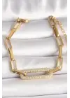 316L Çelik Gold Renk Zirkon Taşlı Kare Zincir Model Kadın Bileklik