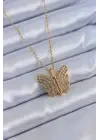  Altın  Zirkon Taşlı Kelebek Model  Çelik Kolye