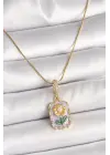 316L Çelik Gold Renk Zirkon Taşlı Mor Papatya İşlemeli Portre Model Kadın Kolye