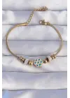 316L Çelik Gold Renk Zirkon Taşlı Nazarlı Çiçek Tasarımlı Bileklik