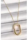  Altın  Zirkon Taşlı Oval Model  Çelik Kolye