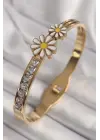 316L Çelik Gold Renk Zirkon Taşlı Papatya Model Kadın Kelepçe