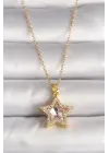  Altın  Zirkon Taşlı Pembe Yıldız Model  Çelik Kolye