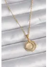  Altın  Zirkon Taşlı Sarı Sedefli Hilal Model  Çelik Kolye