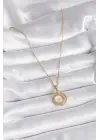  Altın  Zirkon Taşlı Sarı Sedefli Hilal Model  Çelik Kolye