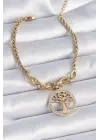 316L Çelik Gold Renk Zirkon Taşlı Yaşam Ağacı Figür Kadın Bileklik