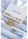   Altın Zirkon Taşlı Yonca Model Çelik Küpe Seti