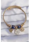 316L Çelik Gold Renk Zirkon Taşlı Yonca Tasarımlı Kalp Detay Mineli Charm Bileklik