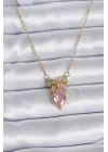  Altın Zincir Pembe Kristal Kalp Model Zirkon Taşlı Kurdele Model  Çelik Kolye