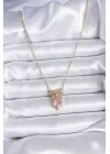  Altın Zincir Pembe Kristal Kalp Model Zirkon Taşlı Kurdele Model  Çelik Kolye