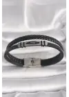 316L Çelik Gümüş Renk Aksesuarlı Çift Sıra Siyah Burgu Desenli Deri Kordon Erkek Bileklik