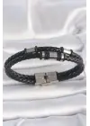 316L Çelik Gümüş Renk Aksesuarlu Çift Sıra Siyah Burgu Desenli Deri Kordon Erkek Bileklik