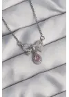 Gümüş  Fiyonk Detay Pembe Zirkon Taşlı Damla Çelik Kolye